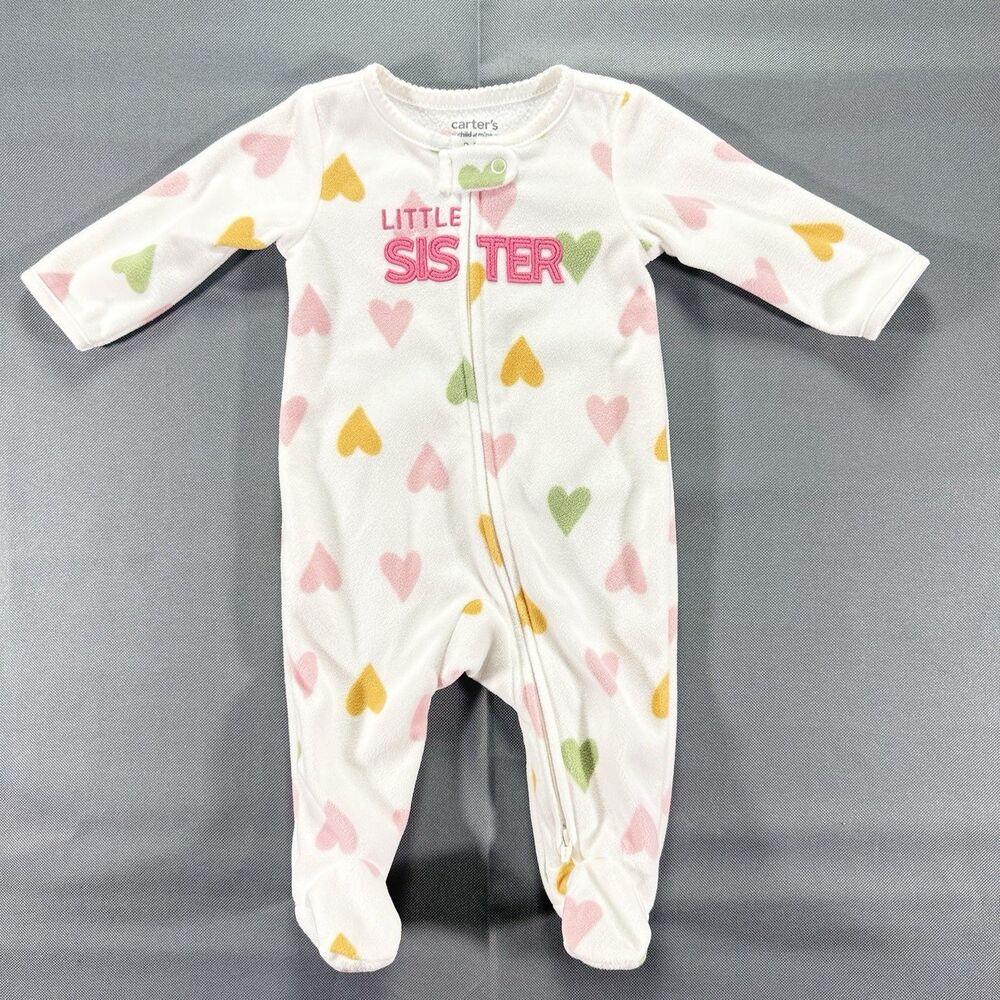 Carter's Fleece White Heart Print Zip Front Footie Pajamas Girls Size 0-3 Months